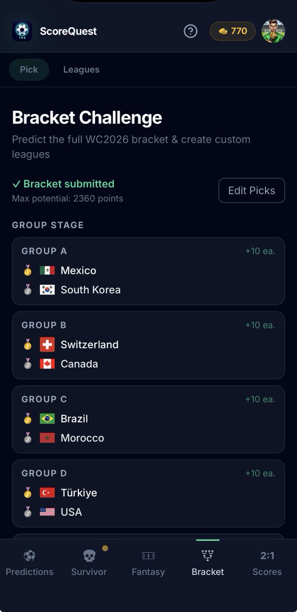 scorequestapp's tweet photo. Love a classic tournament bracket? 🏆 We've got you covered! You can now create private Bracket Challenge leagues with your mates on ScoreQuest!

🔥 The best part: This is a completely standalone game mode, separate from your regular match-by-match predictor leagues.
🧠 How it works:
1️⃣ Group Stage: Predict the top teams advancing from each group, including the best 3rd-placed teams. 
2️⃣ Knockout Stage: Map out the entire tournament tree through the Round of 16, Quarter-finals, Semi-finals, and pick your ultimate World Cup Champion. 
3️⃣ Earn Points: Every correct pick awards points, with stakes getting higher as you get closer to the final (+10 pts for groups, up to +400 pts for the final match)!

The app automatically tracks and updates a live leaderboard, showing exactly what everyone predicted and calculating the scores in real-time.

Go ahead, create your custom Bracket Group (like "Office Champions") and invite your friends today! ⚽🔥