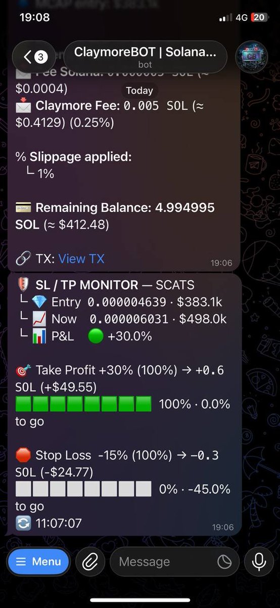 ClaymoreSol's tweet photo. $SCATS — flagged in today's HOT PICK, executed.
TP +30% reached → sold 100% in 1.4s. Held 1m 33s.
Spotted, executed, closed. That's the loop. https://t.co/atCY2mF3l3
