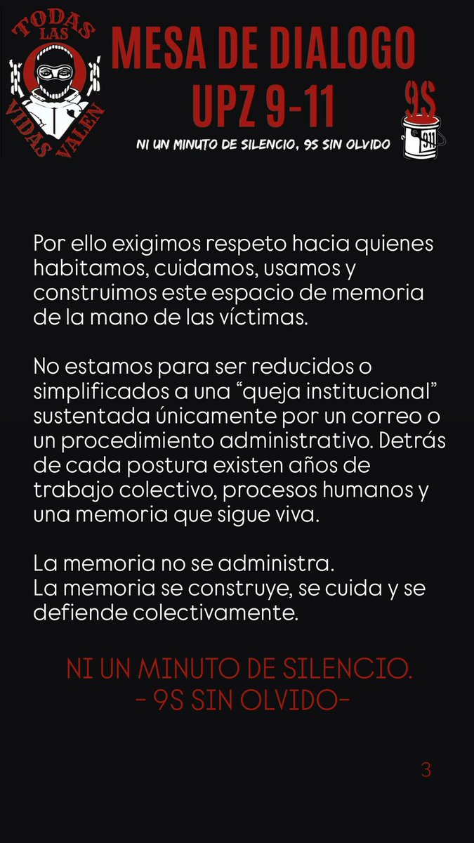 UPZ911's tweet photo. La memoria no se administra ni se privatiza, se construye y se defiende colectivamente. Desde la Mesa de Di��logo UPZ 9-11 rechazamos cualquier intento de burocratizar los procesos autónomos que sostienen a  la CasaMemoriaUsaquen. Exigimos respeto a las víctimas. #9sSinOlvido https://t.co/AEKFw5kwMG