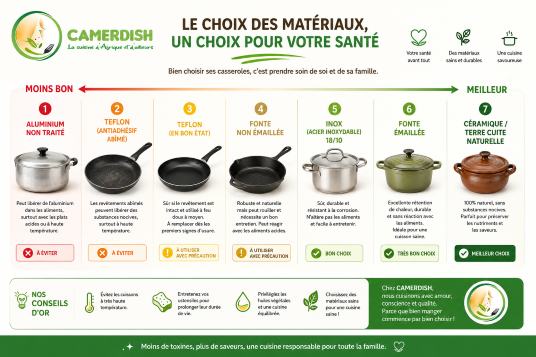 camerdish's tweet photo. Ce que vous cuisinez est important. Mais savez-vous que le matériau de votre casserole compte aussi ?
❌ Aluminium non traité
❌ Téflon abîmé
⚠️ Fonte non émaillée
✅ Inox 18/10
✅ Fonte émaillée
🏆 Céramique / Terre cuite naturelle
Votre santé commence dès la cuisson. https://t.co/YOeBDmHije