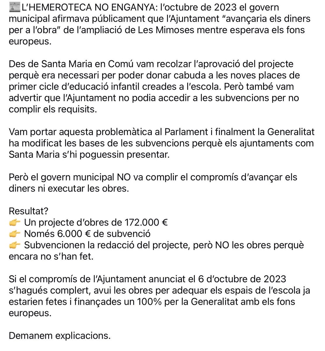 ojedaly10's tweet photo. La manca de compliment dels compromisos amb la comunitat eductiva, a Santa Maria de Martorelles, surt molt car.
El govern municipal de Fem-JuntsXCat i ERC, no ha fet les obres compromeses i ha perdut l’oportunitat de finançar-les amb fons europeus
#escolalesmimoses https://t.co/czjTjrBLgR