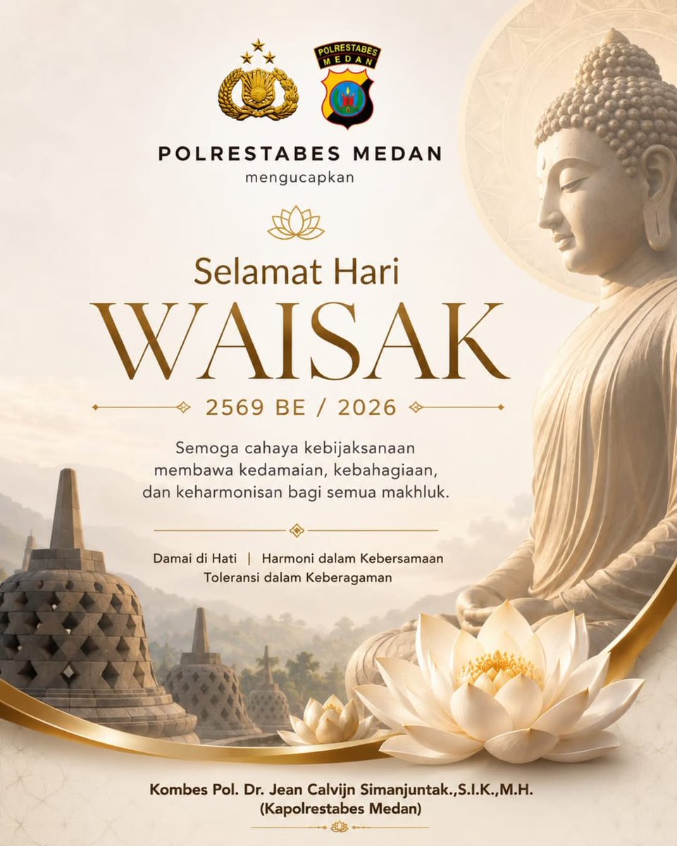 RestabesMdn's tweet photo. SELAMAT HARI WAISAK 2569 BE / 2026 🪷

Dalam terang kebijaksanaan, mari menumbuhkan kasih sayang, memperkuat toleransi, dan menjaga harmoni dalam keberagaman.

✨ Damai di Hati
✨ Harmoni dalam Kebersamaan
✨ Toleransi dalam Keberagaman https://t.co/buRSoJbI7F