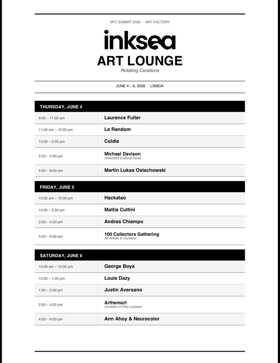 inkseart's tweet photo. GM Art Lovers 🌊

Lisbon is about to go OFF. 🇵🇹

@NFCsummit · June 4–6 · @inksea Art Lounge

3 days. Rotating curations. The best in the game.

Massive shoutout to @100collectors for building this lineup with us. 🤌

See you there 👀 https://t.co/mY8uqC1W4V