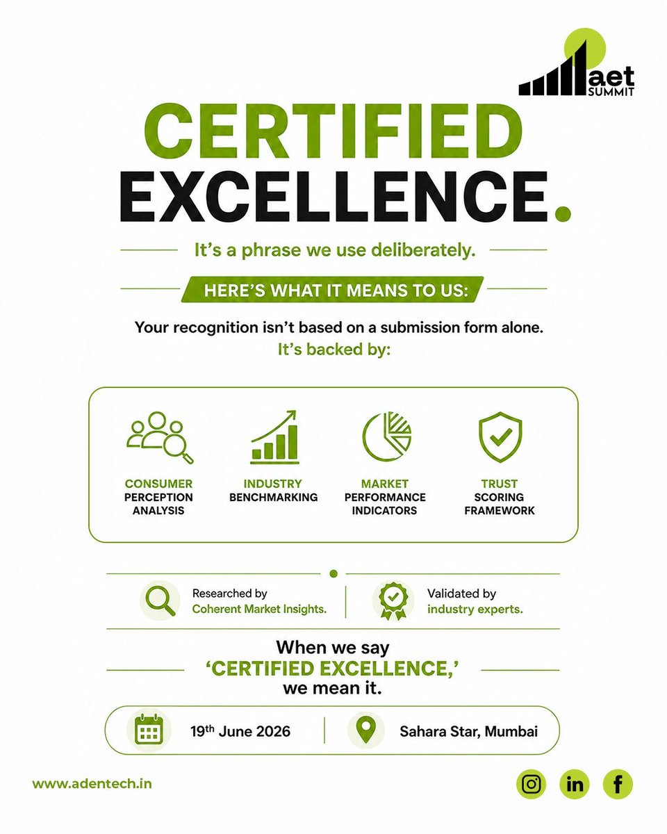 AETSummit's tweet photo. Certified Excellence is a phrase we use deliberately at AET Summit.

When we say ‘Certified Excellence,’ we mean it.

19th June 2026 | Sahara Star, Mumbai

#AETSummit #CertifiedExcellence #ResearchBacked #TrustScoring #CoherentInsights #BrandValidation #Credibility https://t.co/9qOX2c1cd5