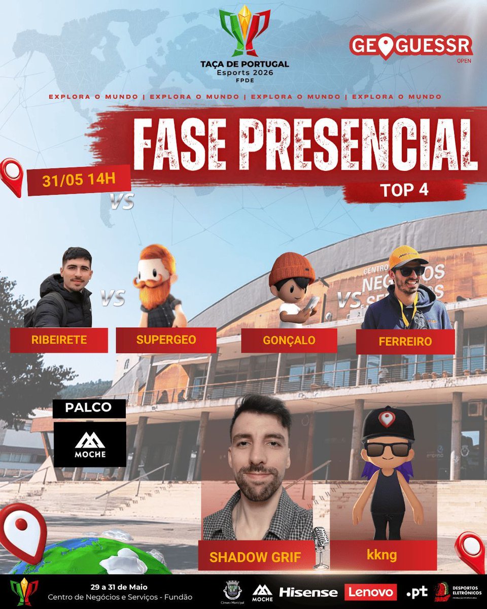 fpdeoficial's tweet photo. 🏆️ Fase Final da Taça de Portugal GeoGuessr OPEN 2026 🌍️
⏲️ 14H
@GeoRibeirete 🆚 SuperGeo
Gonçalo 🆚 Ferreiro
@moche
@HisenseIntl Portugal
@lenovoportugal
#.PT
@guessthechoice
@playnekogame
#imaginary_compass
#FPDE #Esports #EsportsPortugal #VisãoEsports2030 #MaisqueumjogoSomosDesporto #RoadToFundão #TaçadePortugalEsports2026 #TaçadePortugalEsports2026 #TDP2026 #TDPEsports2026 #TaçadePortugal #TaçadePortugal2026 #GamingPortugal #Competição #Gaming #videojogos #Taça #Portugal #BeiraBaixa #Fundão #GeoGuessr #GeoGuessrPortugal #GeoGuessrPT #GeoGuessrMobile