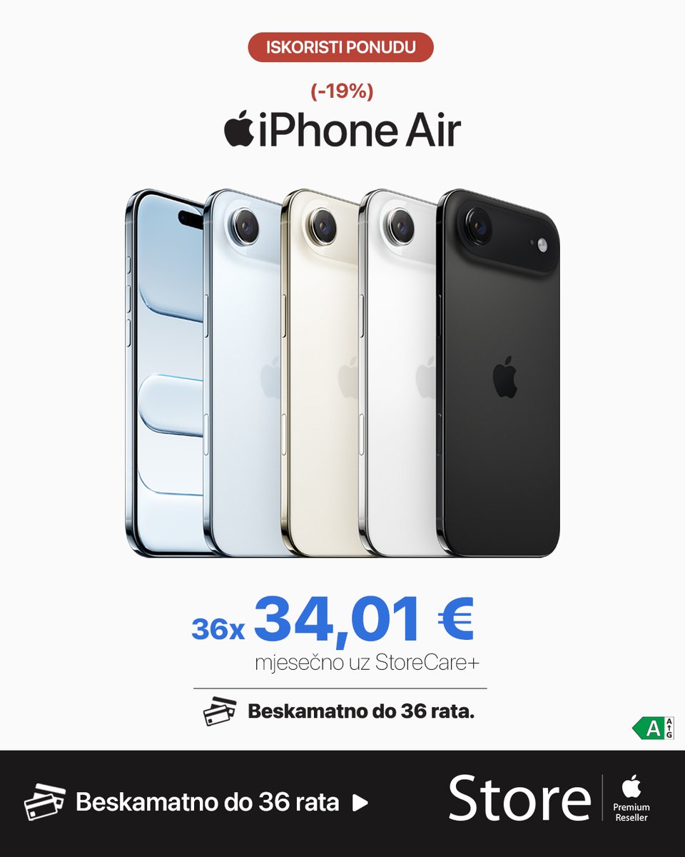 StoreZagreb's tweet photo. Vrijeme je za novi mobitel?⏳
iPhone Air i iPhone 16e sada po akcijskim cijenama. Požurite po svoj!📲🍎

https://t.co/fijVHkI55F 

#storepremium #applepremiumreseller https://t.co/iTgGtJeRzr