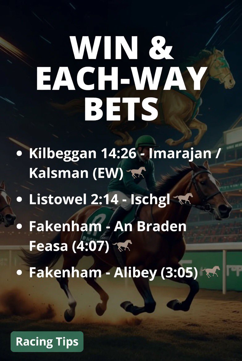 GreenTips199's tweet photo. Horse Racing Tips 🐎⚡️
#HorseRacingTips #bettingx #Bets https://t.co/0npIb7jtxR