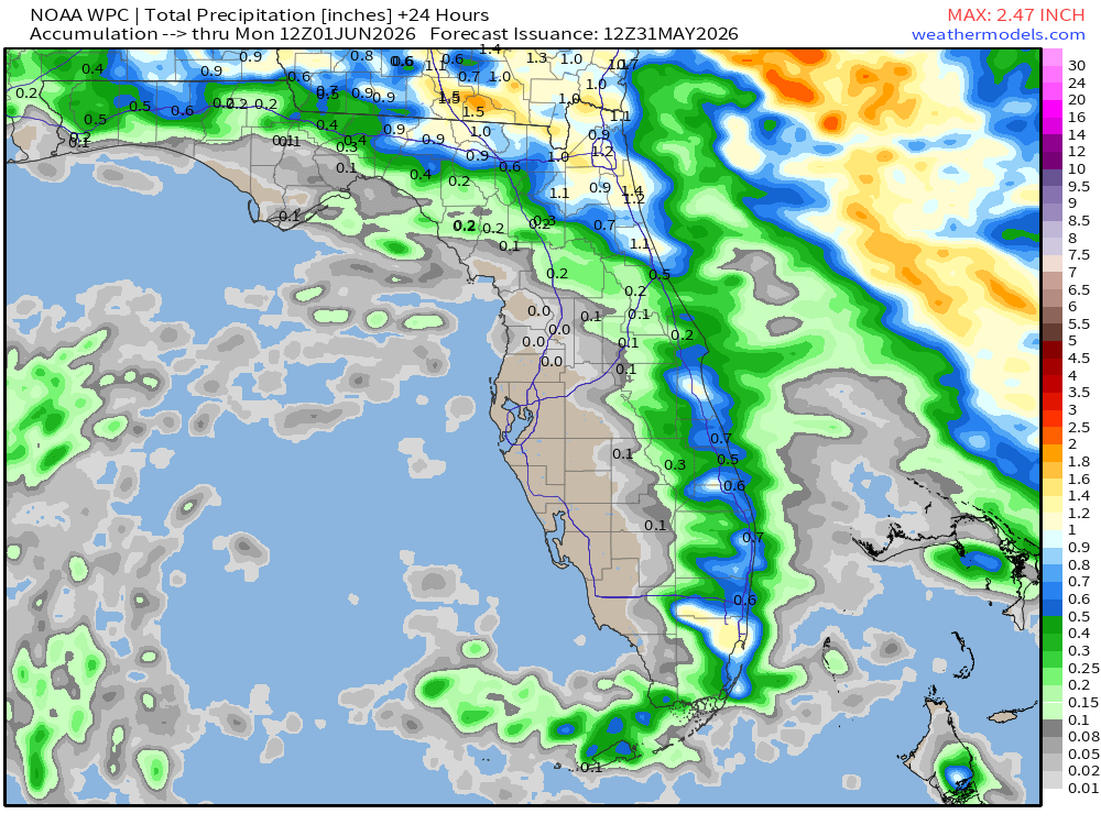 PC_WeatherBoy's tweet photo. 🚨SUNDAY POTENTIAL RAIN FALL TOTALS🚨

An idea of Sunday AM to Monday AM rainfall totals. Isolated showers again on radar. Heaviest numbers moving farther north with the bulk of the rain favoring the East side of the state. Sorry West FL! https://t.co/uiUVvrMhrl