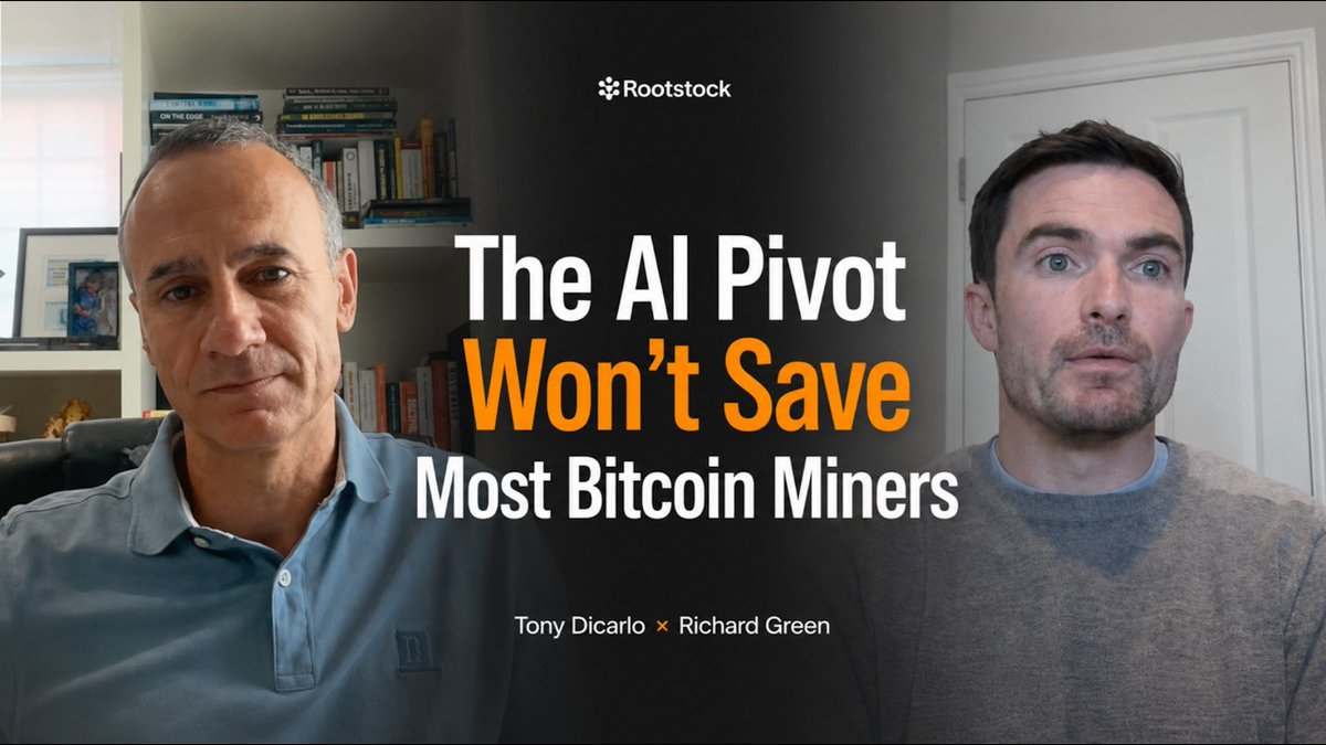 RootstockLabs's tweet photo. A conversation for every $BTC miner.

🔗 https://t.co/QhzZeeAs7p 

The AI pivot is the loudest story in Bitcoin mining. For most operators, it isn't actually an option.

Tony Dicarlo and Richard Green from @RootstockLabs on why the AI pivot is largely a large-public-company story, and what the rest of the sector should be focused on instead.
