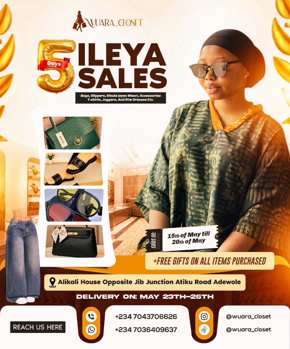 DeGoldGraphics's tweet photo. Step into Ileya in style 🛍️✨
Our 5 Days Ileya Sales is live — shop premium bags, slippers, shades, accessories, T-shirts, joggers, and stunning RTW dresses at unbeatable prices.
#IleyaSales #EidStyle #IlorinFashion #NigeriaFashion #ShopNaija #DeGoldDesigns #DeGoldGraphics https://t.co/6Vl4sl1ake