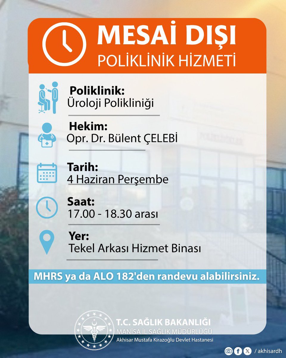 AkhisarDH's tweet photo. 📌 Hastanemizde mesai dışı poliklinik hizmetlerimiz devam ediyor.

Üroloji Polikliniği’nde gerçekleştirilecek mesai dışı muayene hizmetlerimiz için MHRS veya ALO 182 üzerinden randevu alabilirsiniz.

📍 Yer: Tekel Arkası Hizmet Binası
🕔 Saat: 17.00 – 18.30 https://t.co/u5fQnKdlvZ