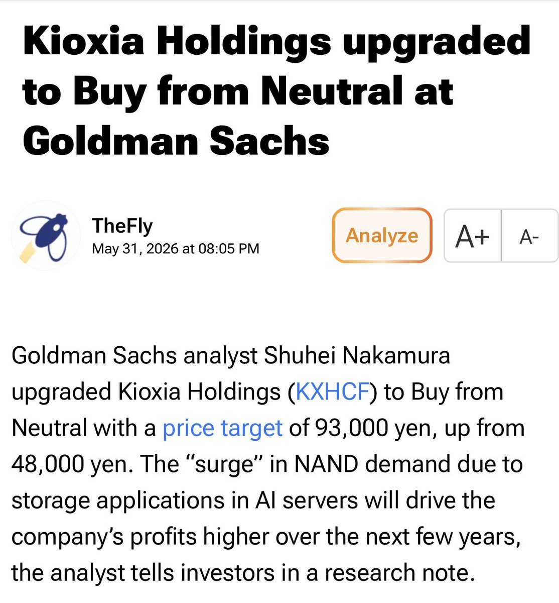 kioxiaman's tweet photo. キオクシア レーティング更新⚠️

Goldman Sachs
Neutral → Buy (格上げ)
目標株価48,000円 → 93,000円(最高値) https://t.co/r9y2XwCWDk