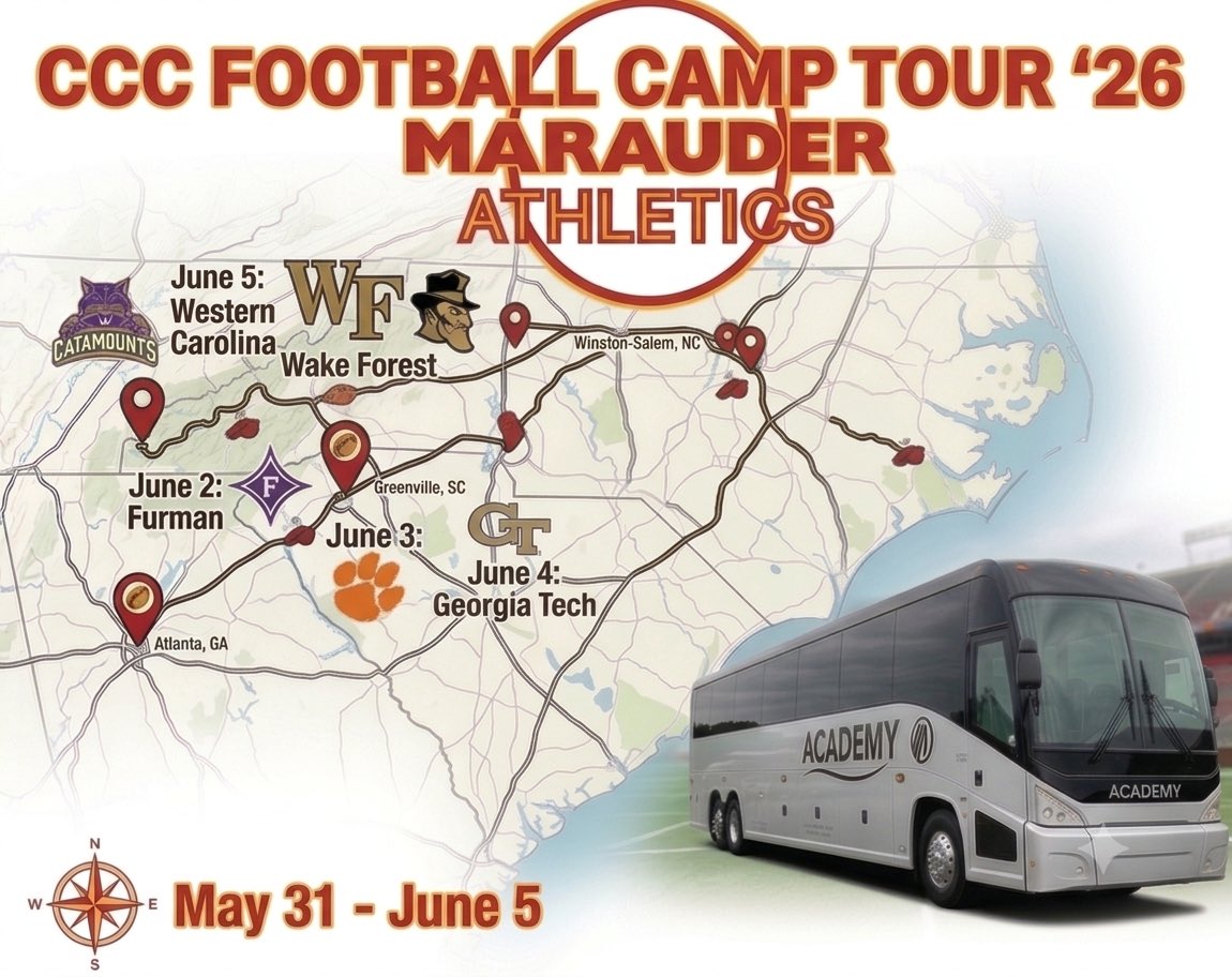 CCCMarauders's tweet photo. It’s a GREAT Sunday morning to be a MARAUDER! Our @CCCMaraudersFB program is headed off across the Southeast for the ‘26 CCC MARAUDER CAMP TOUR! 💪🏈

#GoMarauders 🔴🟡
#RecruitCCC 

@Biggamebobby 
@FryeChuck https://t.co/pREVAnNg5D