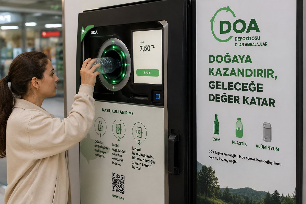 ajansmuhbir1923's tweet photo. Boş şişeyi getirenin parası, hesabına yatacak.

Yarından itibaren artık su, kola, soda gibi içeceklerin cam, plastik ve alüminyum şişeleri çöpe atılmayacak; geri getirildiğinde para kazand��racak.  

Türkiye’de 1 Temmuz 2026’dan itibaren Depozitosu Olan Ambalajlar (DOA) sistemi tüm ülkede zorunlu hale geliyor. 

Yeni sistemde üzerinde “DOA” logosu bulunan şişe ve kutular; market, bakkal, büfe, restoran, kafe ve otellerde kurulacak iade makinelerine teslim edilecek. 

Büyük zincir marketlerde depozito makineleri zorunlu olacak.  

Vatandaş şişeyi makineye attığında, ücret doğrudan mobil uygulamadaki hesabına aktarılacak. 

Biriken para ister banka hesabına gönderilecek, ister alışverişte kullanılacak, ister ATM’den nakit çekilecek.  

Sistem sadece geri dönüşüm değil, ekonomik dönüşüm de hedefliyor. 

Bu hamleyle yılda yaklaşık 30 milyar TL ekonomik katkı bekleniyor.