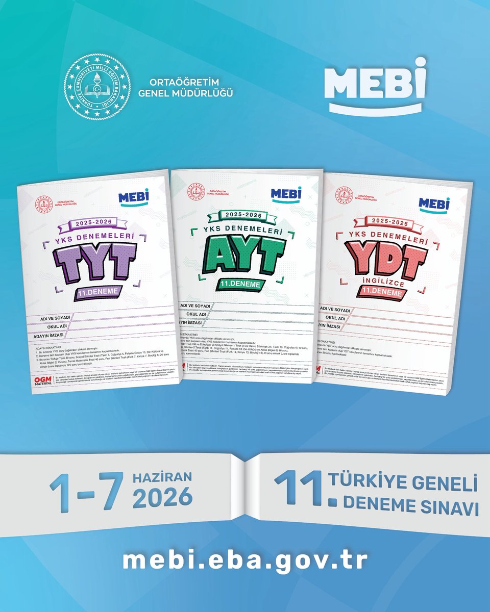 Ordu_MEM's tweet photo. 1️⃣1️⃣. Türkiye Geneli Deneme Sınavı MEBİ’de!💥

Sıradaki deneme seni bekliyor. 🚩
TYT, AYT ve YDT oturumlarıyla kendini test et. 

📅 1️⃣–7️⃣ Haziran 2️⃣0️⃣2️⃣6️⃣

📍https://t.co/sg5IkulXwO

#eğitimkentiORDU
#Ordu

@tcmeb @Yusuf__Tekin @TCOrduValiligi @mhilmiguler @mfvargeloglu https://t.co/c5hffslZuf