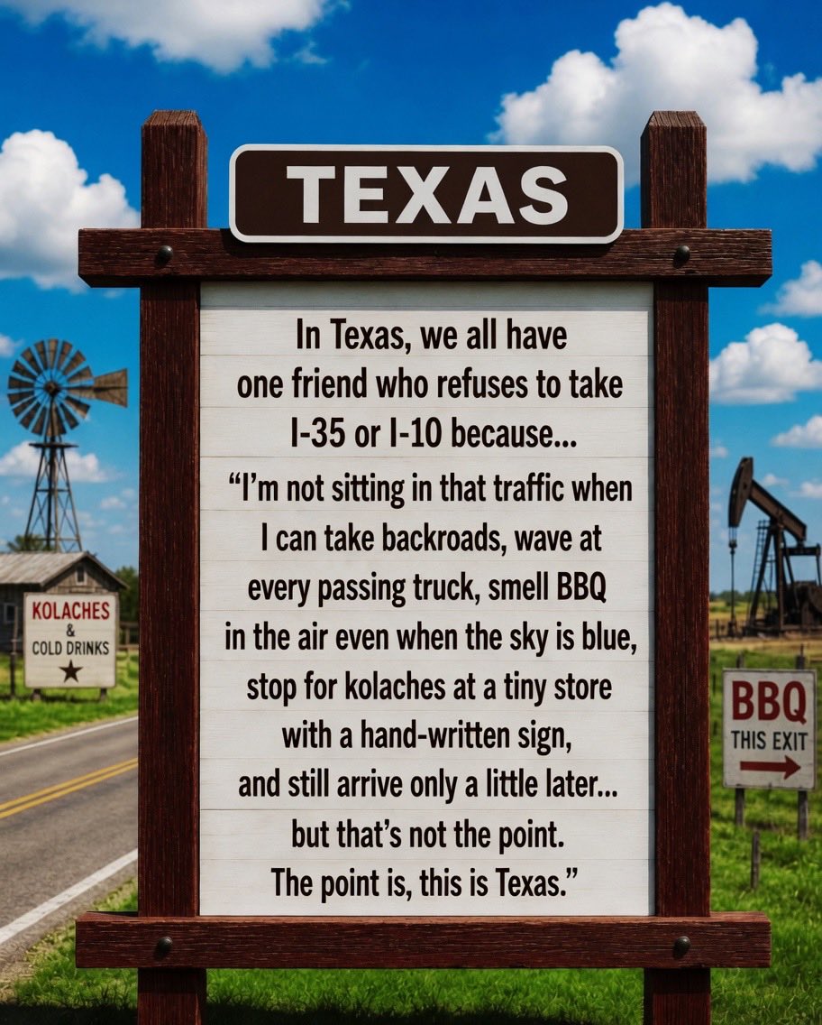 Just_Jamie_USA's tweet photo. 🚗 Texas Truth Bomb on the Backroads —

“In Texas, we all have one friend who refuses to take I-35 or I-10 because…”
Who needs to shave 45 minutes off their drive when you can wave at strangers, get BBQ in your soul, and score warm kolaches from a store that looks like it hasn’t updated its sign since 1973?
The point isn’t arriving faster.
The point is this is Texas. ❤️🤍💙
#Texas
#TexasStrong 
#CountryRoads