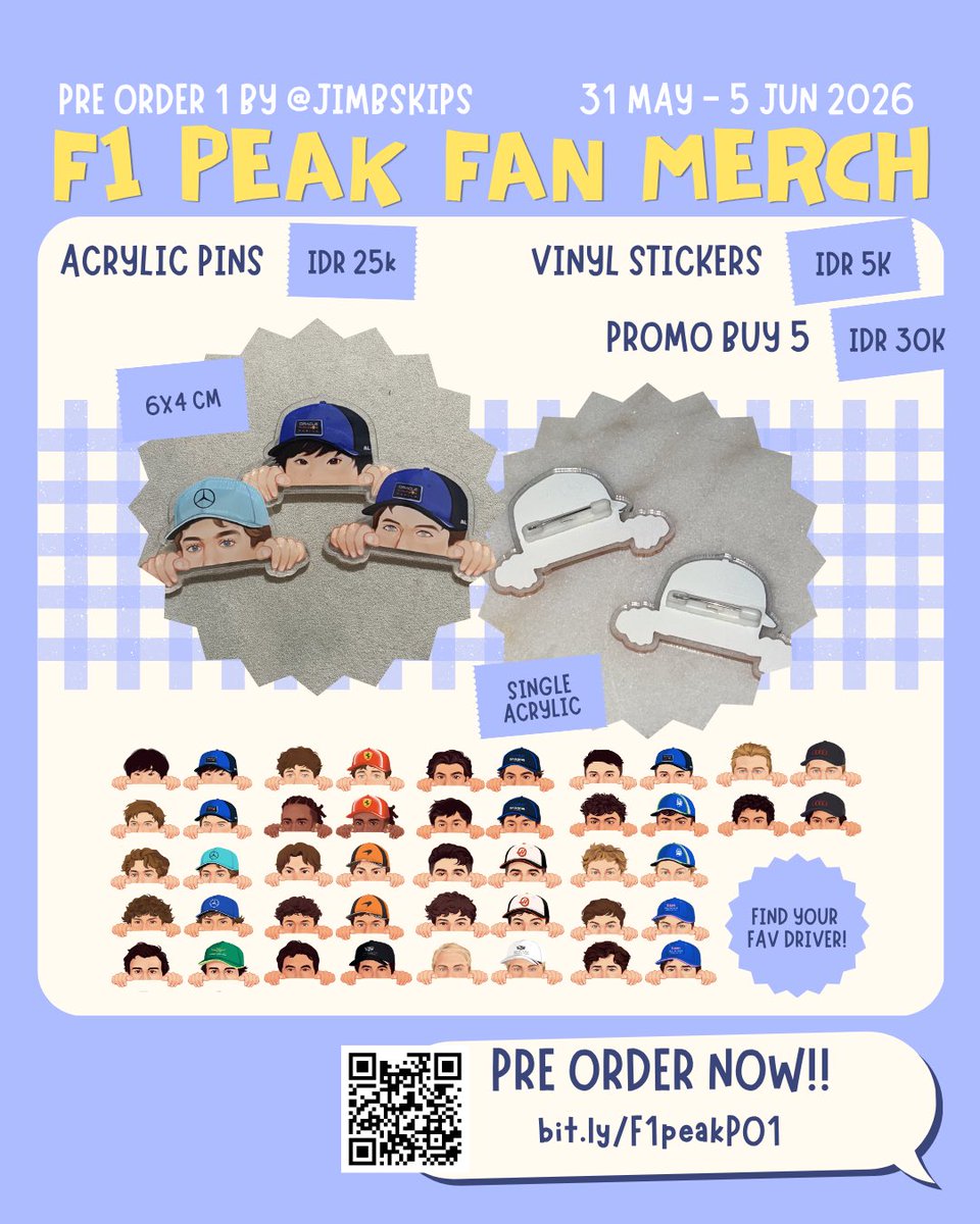 jimbskips's tweet photo. F1 PEAK fanmerch by @jimbskips OPEN PRE ORDER ! ✨ 🇮🇩

Acrylic pin and vinyl stickers start from IDR 25k !🤗

｡.:*☆ https://t.co/dP8nuDQfrd 🏎️💨

Includes 22 drivers of the 2026 F1 Grid 🏁 31 Mei — 5 Juni

#f1 #fanmerch https://t.co/5Nw8Ja9nW3