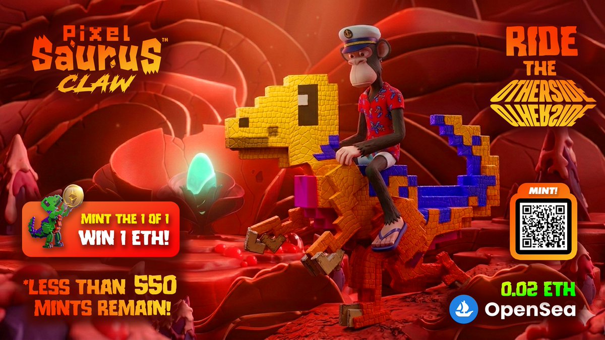 PixelSaurus's tweet photo. Ride the OtherSide with PixelSaurus® Claw! 🦕🦖🌋
🔗  https://t.co/B2Fw9CWUpC

🎁  FREE Avatar + Rider Mount with EACH mint!
💰  Mint the 1of1 Mythical Claw = WIN 1 ETH!
👟  14+ collections enabled as Riders!
🥇  1st Dinosaur collection in the OtherSide! https://t.co/FzKAJu4fQt