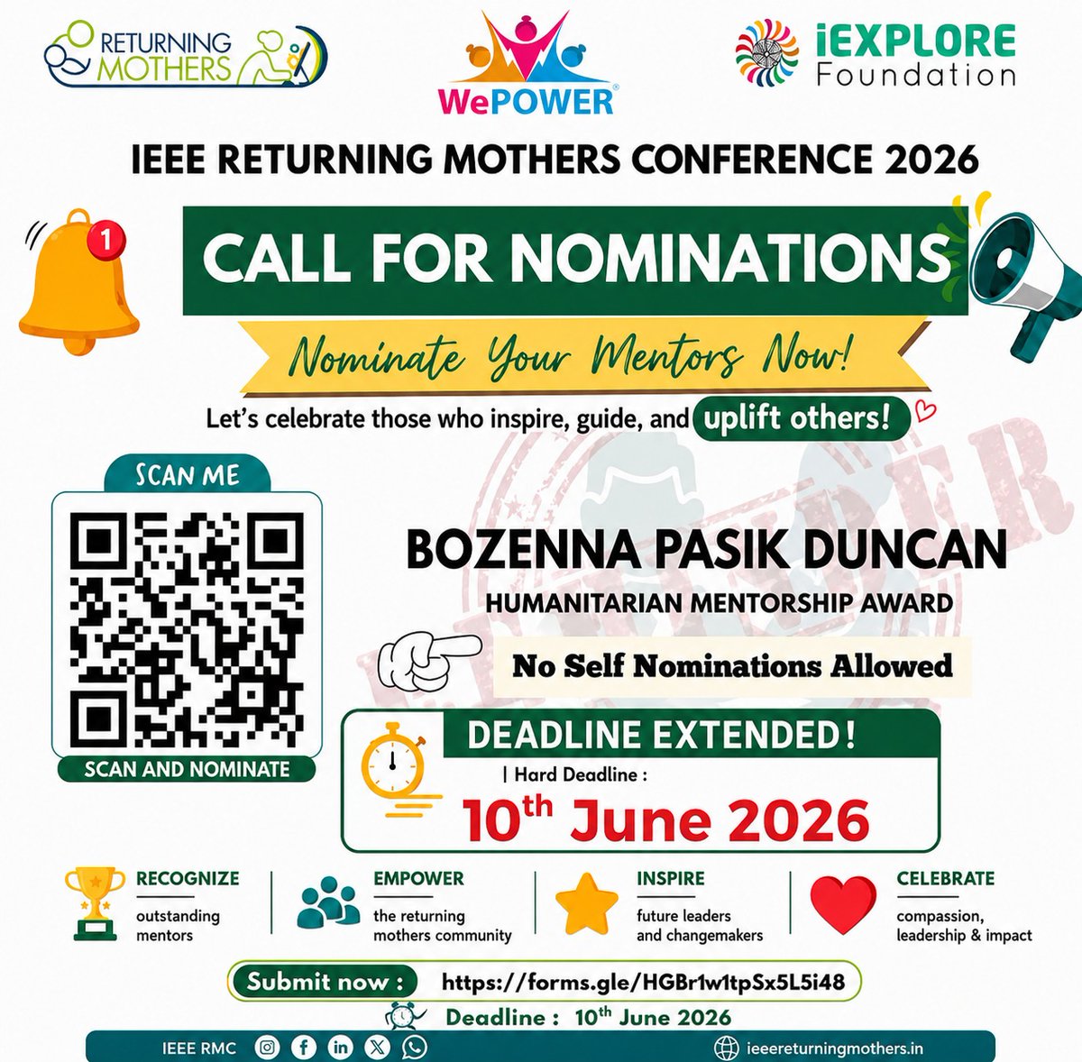 ieeermc's tweet photo. ✨ Nominations are officially EXTENDED for the Bozenna Pasik-Duncan Humanitarian Mentorship Award 2026 at the IEEE Returning Mothers Conference! Honoring the incredible men and women championing Social Innovation.  🔗 Submit https://t.co/o6khRMXEyG 
⏳ Extended date : June 10 26 https://t.co/B8eHTDnGhc