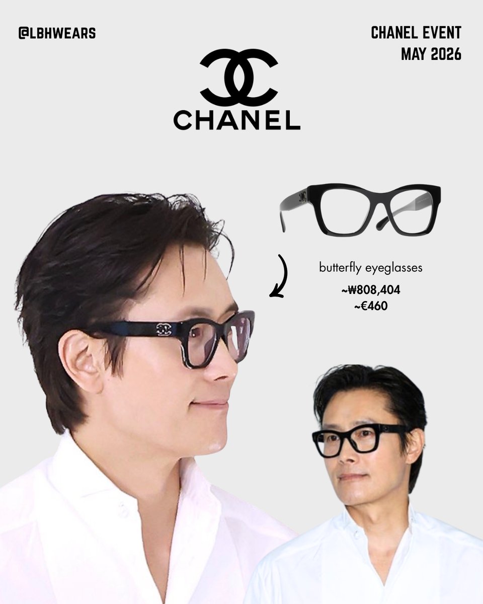 lbhwears's tweet photo. lee byung-hun wearing chanel for the chanel event in seoul (may, 2026)  

chanel fashion items spotted:   
         
tuxedo shirt featuring the signature chain of the house and a pearl button
— price on application

- butterfly eyeglasses
— ~₩808,404 / ~€460 https://t.co/CBBaY7GBJm