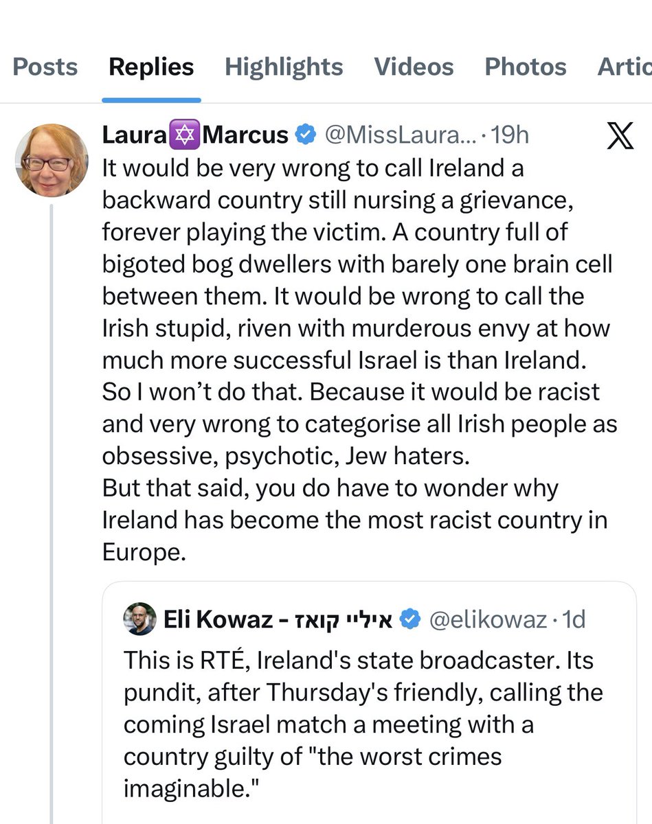 hheals's tweet photo. @RachelMoiselle Mind you plenty of Israel supporters  in UK are also obsessed with game including @MissLauraMarcus who posted this nasty bit of anti Irish vitriol https://t.co/kK4YsucgH6