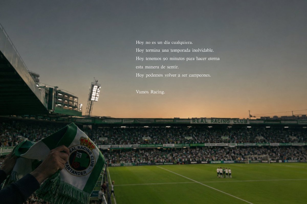 raciinguiista's tweet photo. Hoy no es un día cualquiera

Hoy termina una temporada que nos ha hecho creer, sufrir, disfrutar y soñar como hacía tiempo que no lo hacíamos

Hoy juega el Real Racing Club su último partido de liga

Hoy tenemos la oportunidad de tocar el cielo y levantar el título de campeones💚 https://t.co/uDsbHSVFCU