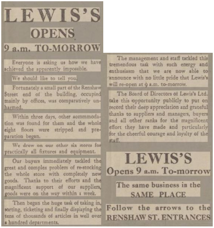 Liverpool1207's tweet photo. Following the devastation of the bombing just 28 days previous, Lewis's reopened in the adjoining Watson Building, Renshaw Street, on 31st May 1941
#LiverpoolBlitz https://t.co/Y8TpYCzwp9