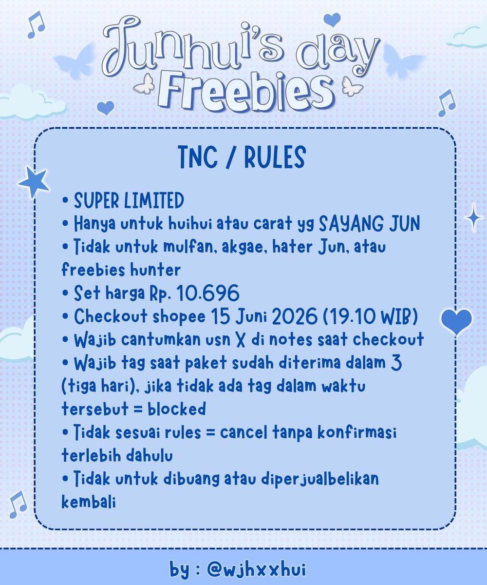 wjhxxhui's tweet photo. ── .✦ Junhui Birthday Freebies by @wjhxxhui 

☘️ RTs n Likes are appreciated
📅 15 Juni 2026, 19.10 WIB
💰 Rp.10.696 (no refund)
🖇️ https://t.co/49RA8RdFyI

WAJIB BACA DAN PAHAMI TNC SEBELUM CHECKOUT‼️ https://t.co/RqGwkffLC6