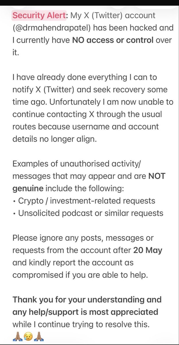 wrexhamrob's tweet photo. @drmahendrapatel From Mahendra @drmahendrapatel .@drmahendrapatel Whose account has been hacked He does NOT deal in crypto he is NOT seeking podcast votes https://t.co/WHcIQXcBui