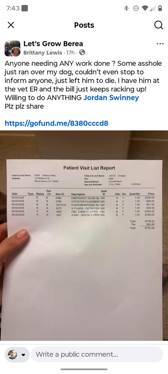 LindemannScott's tweet photo. So I posted yesterday about this poor lady right here having her dog hit by a car if there is anyone that can donate or even share it will be greatly appreciated she has not started a go fund me to help cover costs this is the second animal in Berea KY that has now been ran over https://t.co/NyjH9gO9fo