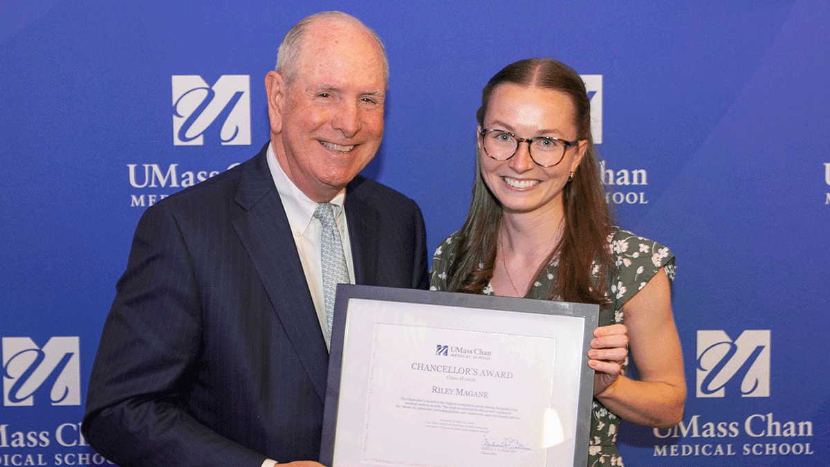 UMassChan's tweet photo. Graduating medical students were honored during the T.H. Chan School of Medicine’s annual awards event on Friday, including Chancellor's Award winner Riley Magane, who matched in internal medicine at @UConnHealth: https://t.co/8A67JEFumP

#UMassChan2026 #UMass @UMass @UMassMDPhD https://t.co/yRJ8cy8dNo
