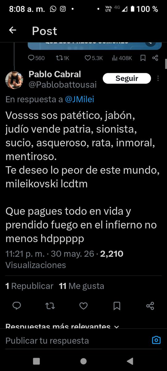 rickyalter's tweet photo. @DAIAArgentina 
Por favor, acciones penales contra esta persona, ya 
Un peligroso odioso suelto https://t.co/cJC9piLHqf