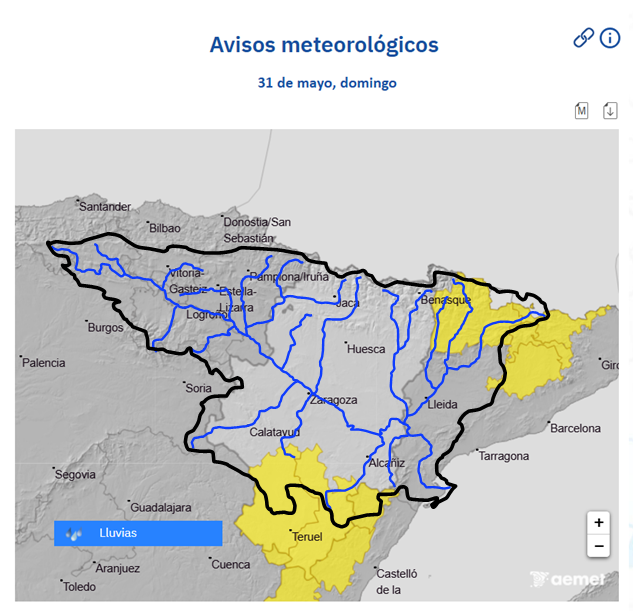 CH_Ebro's tweet photo. Con avisos 🟡 @AEMET_Esp  por riesgo de lluvias intensas, posibilidad de crecidas súbitas en cauces menores y barrancos de Aragón, Comunidad Valenciana y Cataluña @GVA112 @emergenciescat @112Aragon 
https://t.co/QQwjMqiedn https://t.co/Gduaqs0hcx