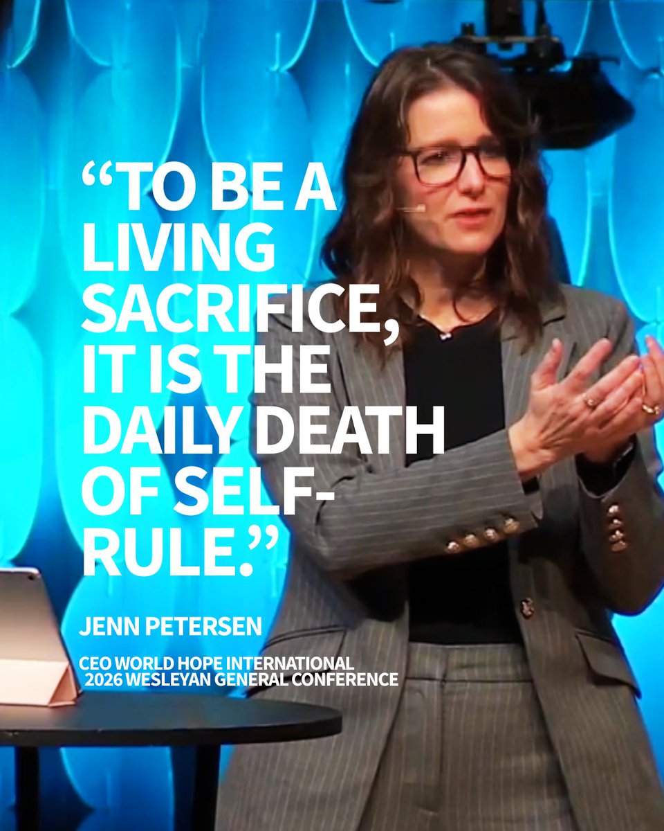 worldhopeorg's tweet photo. World Hope International CEO Jenn Petersen was invited to speak at The Wesleyan Church's 2026 General Conference, sharing a message rooted in Romans 12 and the call to become living sacrifices.

One line in particular stayed with us:

"Something must die. But not your calling. Not your future. Your grip on control."

In a world that teaches us to protect, preserve, and promote ourselves, the invitation of Jesus is different. The life of faith is not about losing who we are. It is about surrendering who we think we must be apart from Him.

We're grateful for Jenn's leadership and for the continued partnership of The Wesleyan Church, whose commitment to sacrificial love is expressed not only from the platform, but through decades of faithful support for communities around the world.

Because when people choose to lay down comfort, certainty, and self-interest, hope rises. Clean water flows. Families find protection. Children discover new possibilities. Communities begin to flourish.

Thank you, Wesleyan church family, for continuing to live this message and helping bring hope to places where it is needed most.

Link to the full sermon is in the replies below.