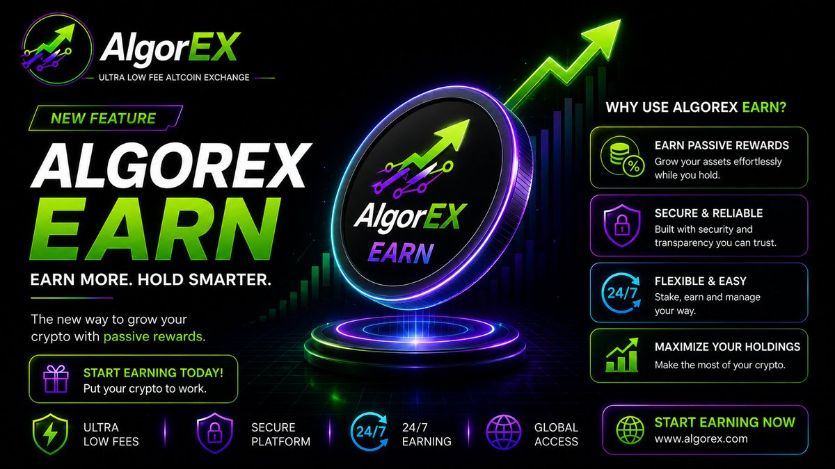 AlgorEXExchange's tweet photo. 🚀 Introducing AlgorEX Earn!

Turn your idle crypto into passive rewards with our new earning feature.

💰 Earn
🔒 Secure
⚡ Easy to use

Start today on AlgorEX!

👉 https://t.co/M7HN3uRWUC

#AlgorEX #CryptoEarn #Staking https://t.co/lDHM98vaij