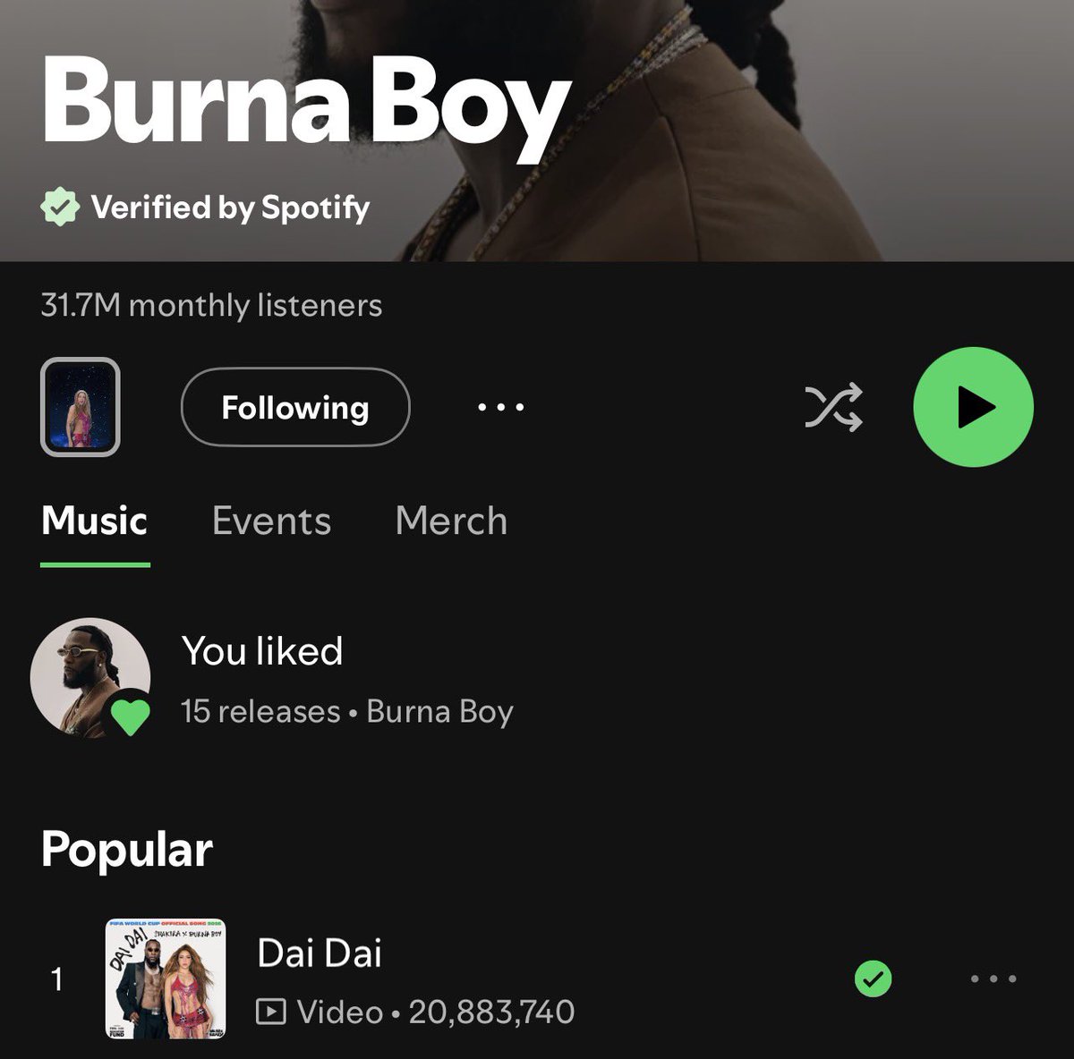 Goated_21's tweet photo. Dai Dai become Burna Boyโs No 1 most popular song on Spotify. ๐๐ https://t.co/BFksEYaMPO