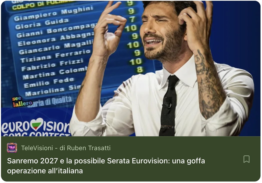 darkap89's tweet photo. Serata Eurovision a #Sanremo2027. Prende forma dall'alto un'operazione goffa oltreché stupida. Spingere un vincitore alternativo al Festival con la manina di una Giuria-circoletto. Idea da paleotelevisione. Rai e De Martino ragionate, così si parte male (link in risposta) #escita https://t.co/CbQuarAq5M
