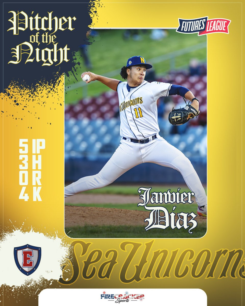 FuturesLeague's tweet photo. Two standout performances headlined Saturday’s action!

▪️Zephyr Player of the Night DANNY O'BRIEN led the offense for the #VTLakeMonsters🐊.

▪️Firecracker Sports Pitcher of the Night JANVIER DIAZ dominated on the mound for the #SeaUnicorns🦄.

#FuturesLeague https://t.co/vYfeWnEko1