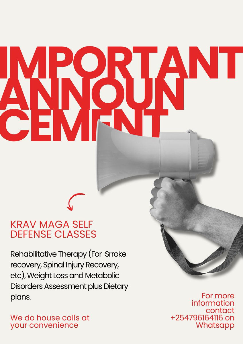 BahaInnocent15's tweet photo. Your safety, health, and independence matter.

In a world where uncertainty can appear without warning, knowing how to protect yourself and those you love is no longer a luxury; it is a necessity.

That is why we are proud to introduce Krav Maga Self-Defense Classes, designed to equip everyday people with practical, real-world skills that build confidence, awareness, and personal security. Whether you are a student, professional, parent, or business owner, everyone deserves the peace of mind that comes from knowing they can respond effectively when it matters most.

But our commitment goes beyond self-defense.

We believe every person deserves the opportunity to live a healthier, stronger, and more independent life. Through our Rehabilitative Therapy Services, we support individuals recovering from stroke, spinal injuries, mobility challenges, and other physical conditions, helping them regain function, confidence, and quality of life. 

We also provide Weight Loss and Metabolic Health Assessments, alongside personalized dietary guidance designed to help you take control of your health, prevent disease, and achieve sustainable results.

Because care should be accessible, we also offer house calls, bringing professional services directly to your home for your comfort and convenience.

Serving Nairobi, Kiambu, Ruiru, Juja, Thika, Kahawa, Roysambu, and surrounding areas.

📱 WhatsApp: +254 796 164 116

Together, let's build a safer, healthier, and stronger community; one person, one family, and one success story at a time.
#fitness #selfdefense #rehabilitation