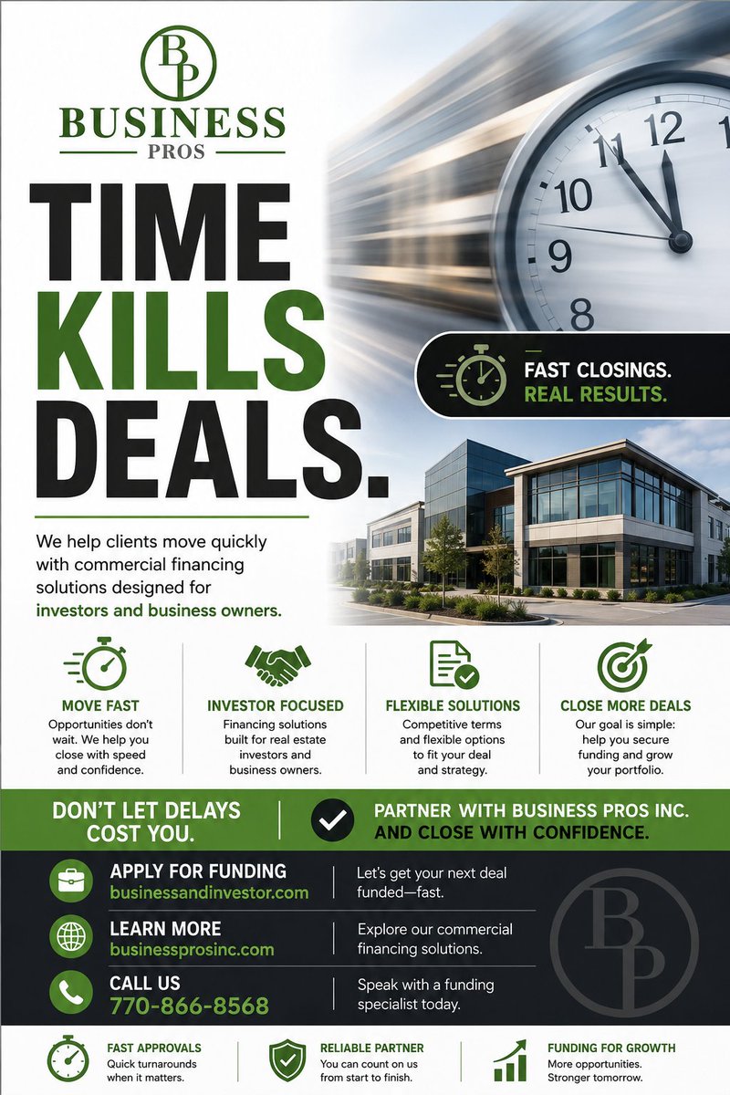 yourbusprosinc's tweet photo. Time kills deals.

Fast, flexible commercial financing for investors and business owners.

Learn more: https://t.co/TfBVVvBI3O

#CommercialFinance #BusinessFunding https://t.co/nq9SOoVcCm