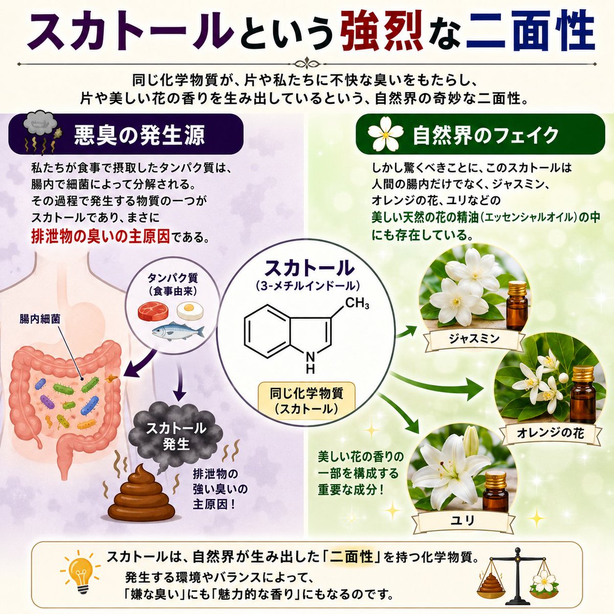 NEWSOFFX's tweet photo. 【デパートですれ違う高級香水の華やかで甘い香り】
実はその中に、【うんこの臭い（排泄物）】と全く同じ成分が隠し味として入っていると言われたら…信じますか？

都市伝説のようですが、これは香水業界と化学の「常識」！
カギを握るのは「スカトール」という成分。高濃度では誰もが鼻をつまむ猛烈
な悪臭ですが、これを100万倍に薄めると…人間の脳がバグを起こし、なんと「ジャスミンやスミレの良い香り」に化けてしまうのです！

◆花と排泄物は同じ成分！？「スカトール」の強烈な二面性
◆濃度で脳のスイッチが切り替わる！嗅覚の不思議なバグ
◆完璧な美しさは退屈？香水に深みを与える「野生の隠し味」

悪臭も極限まで薄めれば、人々を魅了する魔法のエッセンスに変わる！
次に香水を嗅ぐとき、あなたの世界観がちょっと変わってしまう究極の雑学レポート！