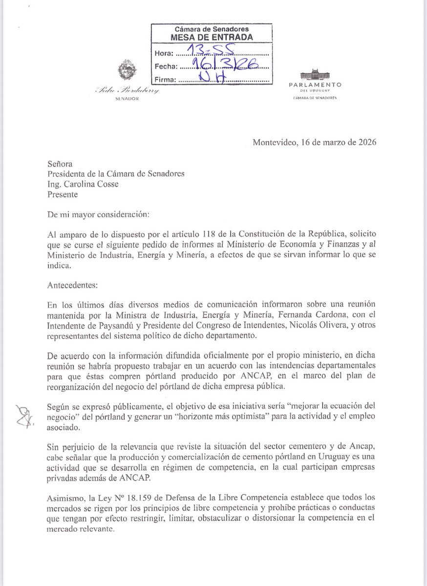 PedroBordaberry's tweet photo. Sobre la compra de portland de las Intendencias a Ancap; hace dos meses hice este pedido de informes advirtiendo; a mi juicio es ilegal y violatorio de las normas sobre competencia; es abuso de posiciones dominante y aseguramiento de mercado ademas de mas caro https://t.co/G1QYzN8X70