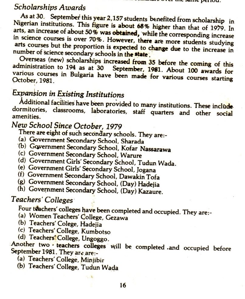 9jaLeftArchives's tweet photo. Kano State under the People’s Redemption Party (1981):

“For the past two years, secondary school enrolment has been increasing at the rate of 100% every year. When we took over, there were 5,100 students enrolled in our secondary schools. The figure has now been tripled: 14,772” https://t.co/aTsiYwP8M1