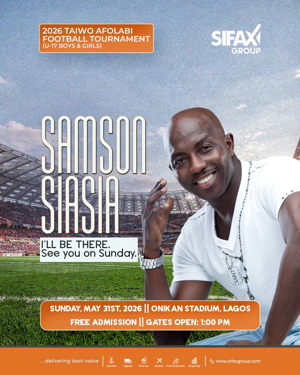 SifaxGroup's tweet photo. Former Super Eagles forward and coach, Samson Siasia, will be at the Taiwo Afolabi Cup – 10th Edition to support the next generation of football stars.

Join us for a thrilling finale as young talents showcase their skills in front of some of Nigeria’s football greats. https://t.co/FYZ8vJc66H