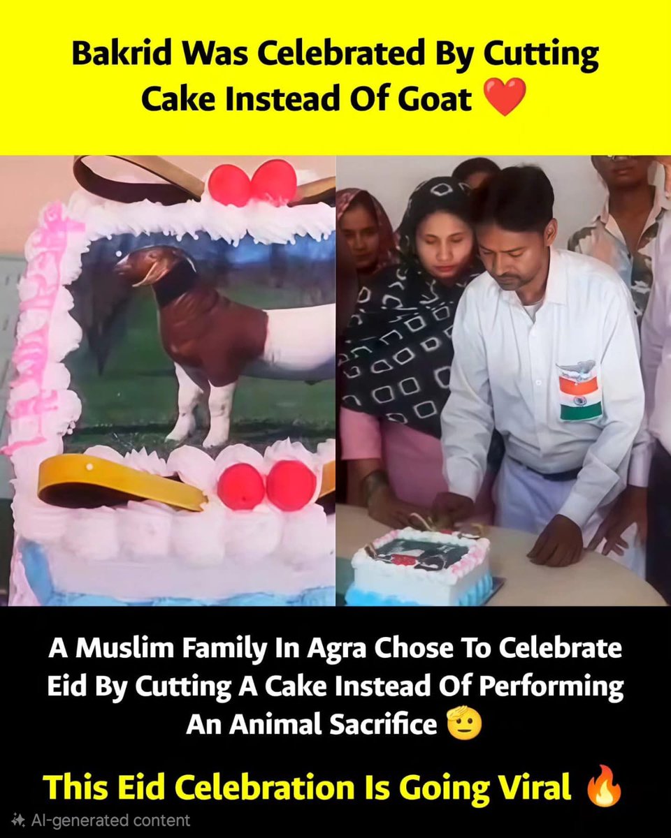 KalamCenter's tweet photo. **A different kind of sacrifice sparked a national conversation. ❤️🕊️**

During Bakrid celebrations in Agra, a Muslim family drew widespread attention after choosing to cut a cake featuring a goat's image instead of performing the traditional animal sacrifice.

Their unique way of observing the festival quickly went viral across social media, with many people discussing its message of compassion, faith, and personal interpretation of religious values.

According to the family, the true meaning of sacrifice goes beyond rituals.

They believe it lies in giving up the inner evils that divide people—greed, hatred, anger, ego, and intolerance.

Through their gesture, they hoped to encourage kindness, humanity, and compassion toward all living beings. ❤️

As expected, the decision sparked diverse reactions online.

Some praised the family for promoting a message of peace and non-violence.

Others emphasized that religious practices and interpretations can vary among individuals and communities.

Regardless of differing views, the story resonated with many because it highlighted a universal idea:

The greatest sacrifices are often the ones we make within ourselves.

A better society begins not only with traditions we follow, but also with the values we choose to live by every day. 🕊️✨

#Bakrid #EidAlAdha #Humanity #Compassion #Kindness #Peace #Agra #India #Respect #Togetherness ❤️🕊️