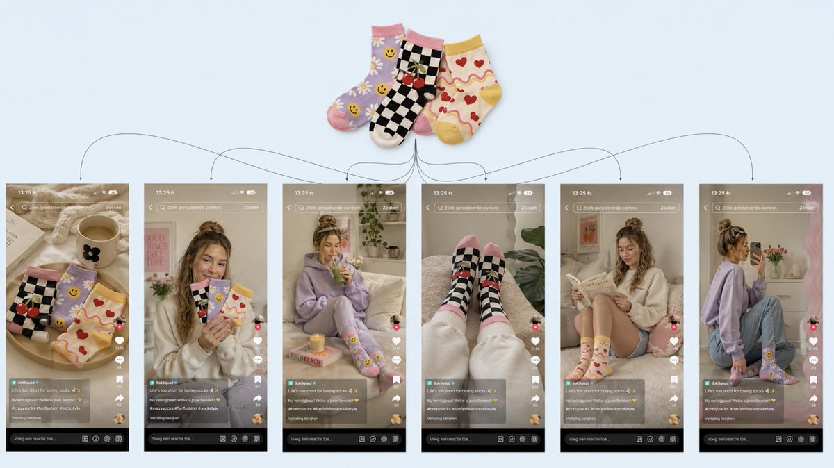 daffyduckinson's tweet photo. $43k/month from one sock pack turned into a full creative system

most apparel brands stop at one clean product photo

the better ones turn one simple product into 6 different reasons to buy

cozy morning angle
soft-girl outfit angle
coffee table lifestyle
reading-in-bed vibe
mirror selfie proof
“life’s too short for boring socks” hook

same socks

different emotion
different scene
different buyer identity

Claude builds the angles

Meta tests what gets clicks

not one product shot

a full lifestyle ad funnel in 15 minutes

rt + comment "sockengine" and i’ll send you the ai product ad breakdown
(follow for dm)