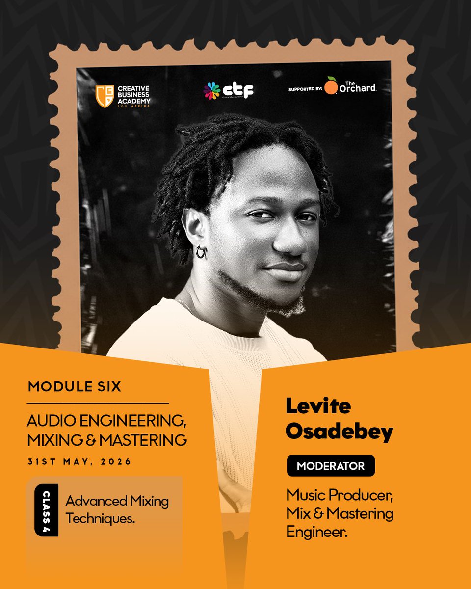 cbaforafrica's tweet photo. We are excited to announce the #CBAForAfrica26 Faculty Guests for Class 4 of our Module 6 today!

Yinoluu (@Yinoluu ); CEO/Founder GOLDCOAST Records, Music Producer, Multi Disciplinary.

Abstract Veen (@abstractveen ); Record Producer &amp; Mix Engineer. https://t.co/jnkpUssFMp