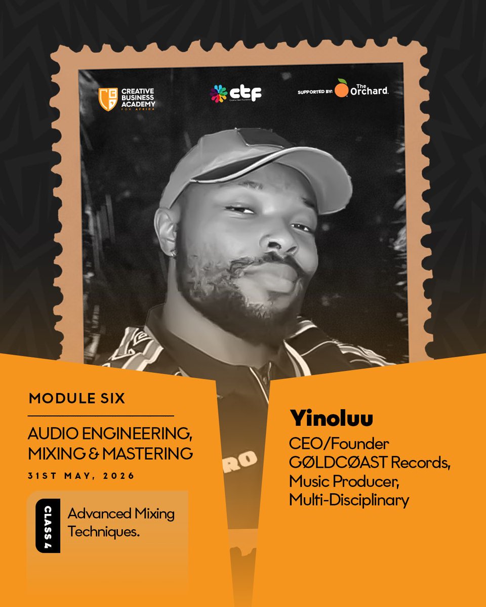 cbaforafrica's tweet photo. We are excited to announce the #CBAForAfrica26 Faculty Guests for Class 4 of our Module 6 today!

Yinoluu (@Yinoluu ); CEO/Founder GOLDCOAST Records, Music Producer, Multi Disciplinary.

Abstract Veen (@abstractveen ); Record Producer &amp; Mix Engineer. https://t.co/jnkpUssFMp