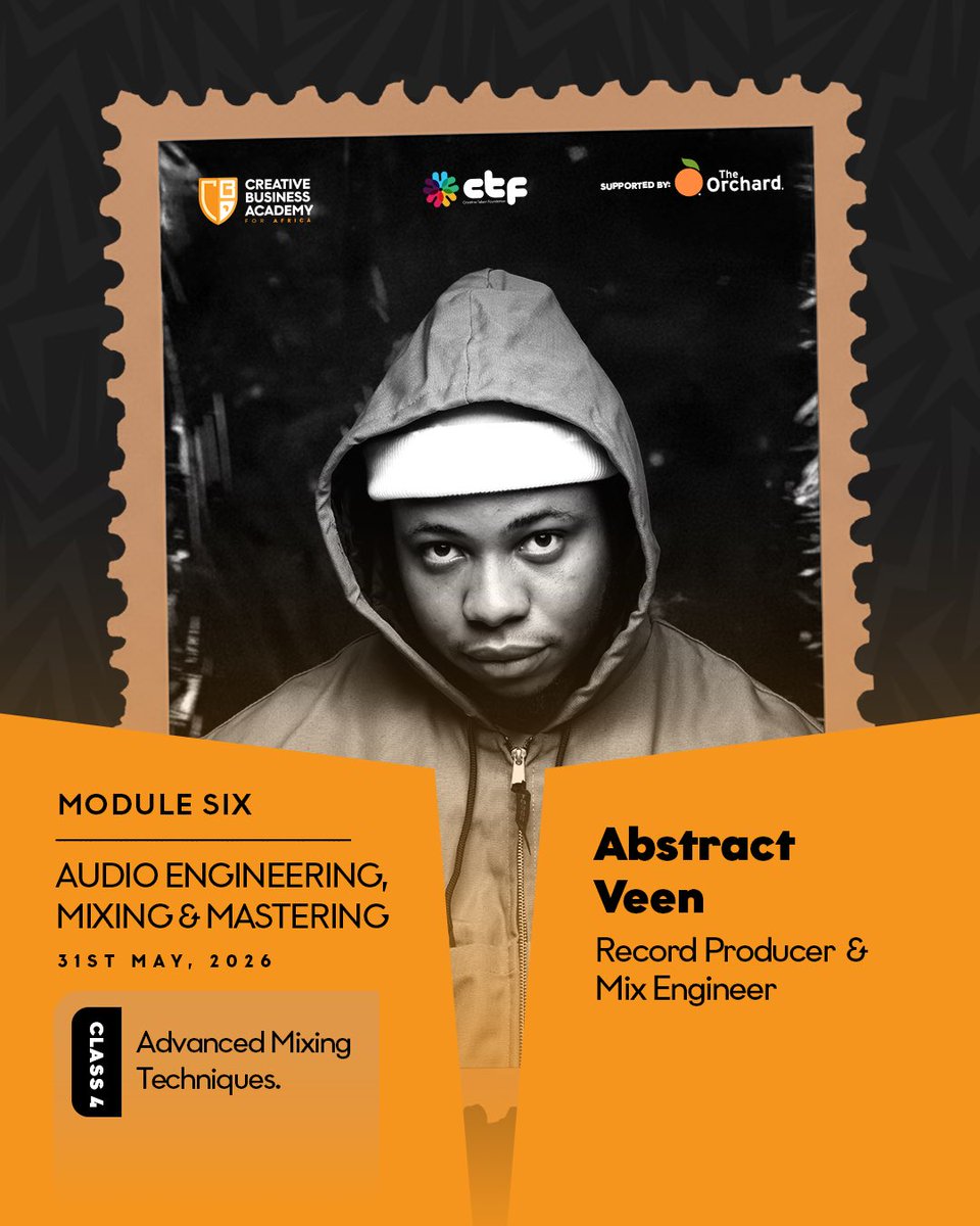 cbaforafrica's tweet photo. We are excited to announce the #CBAForAfrica26 Faculty Guests for Class 4 of our Module 6 today!

Yinoluu (@Yinoluu ); CEO/Founder GOLDCOAST Records, Music Producer, Multi Disciplinary.

Abstract Veen (@abstractveen ); Record Producer &amp; Mix Engineer. https://t.co/jnkpUssFMp