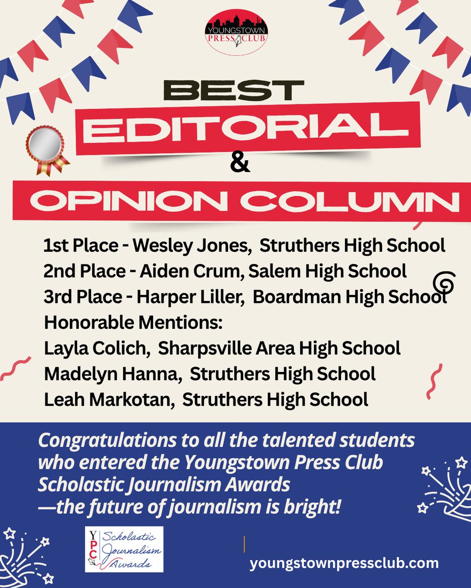 PressClubYo's tweet photo. 🏆 Congrats to the outstanding student journalists who placed in the YPC Scholastic Journalism Awards in the category of Editorial, Column &amp; Opinion.
Prizes for this category were sponsored by Andrea Wood &amp; Dennis LaRue.
The future of journalism is bright!
https://t.co/82CN8XPmsN https://t.co/Igyn9Oduy9